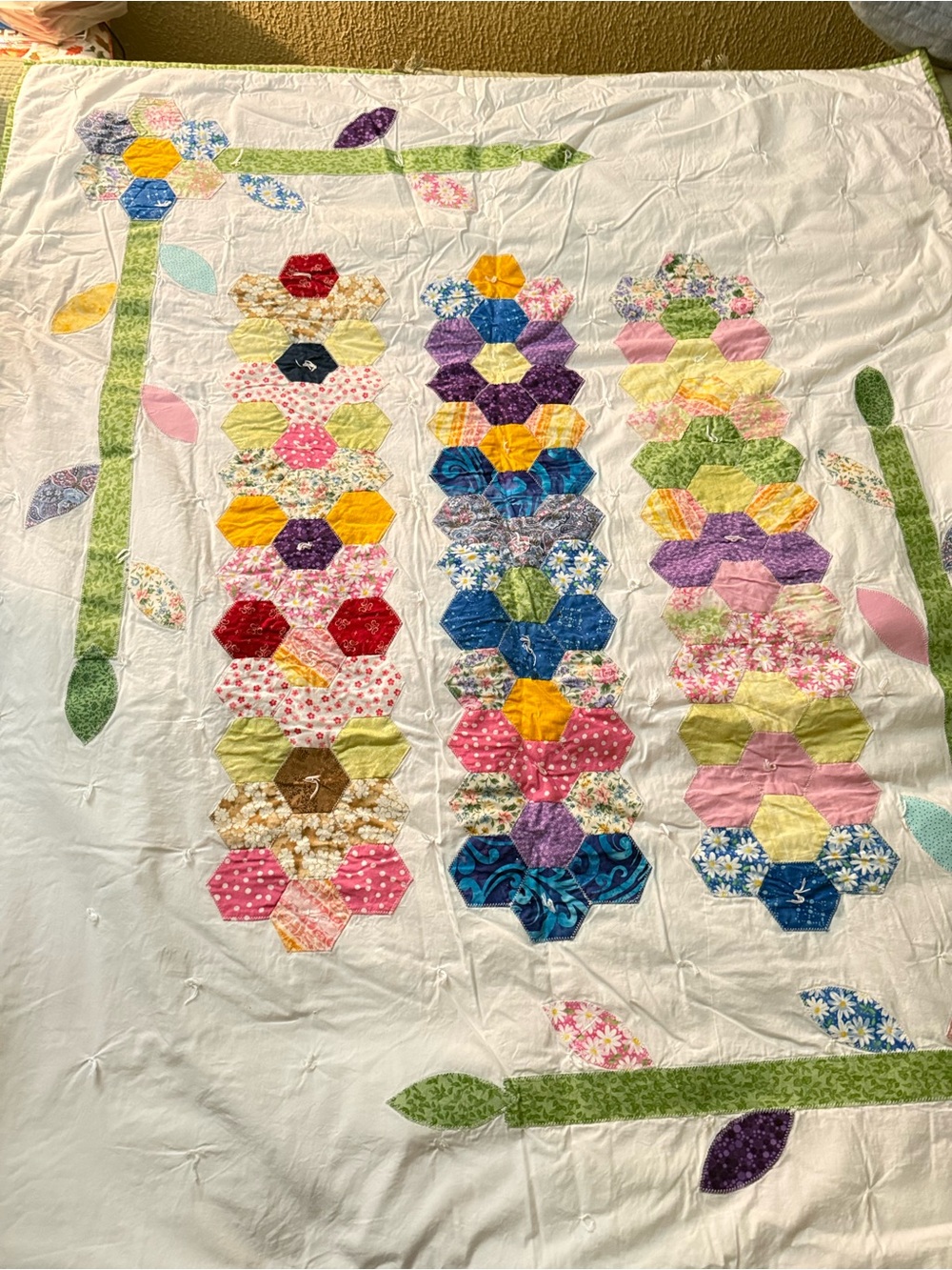 Handmade Grandmother’s Flower Garden Design Quilt - Multicolor
